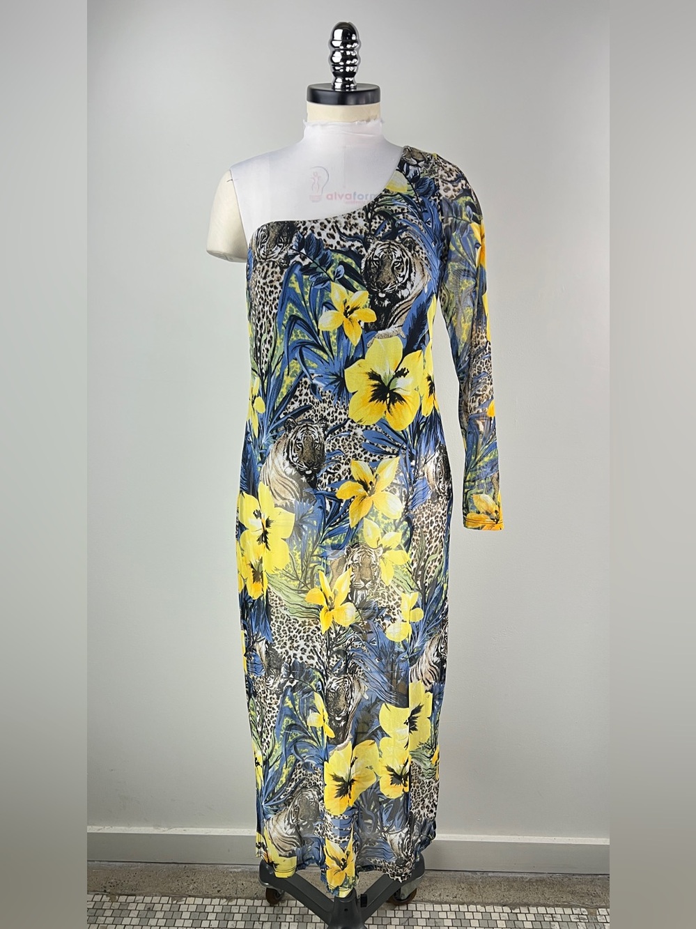 💚 3934. One-Shoulder Yellow Floral & Blue Tropical Print Long Tunic